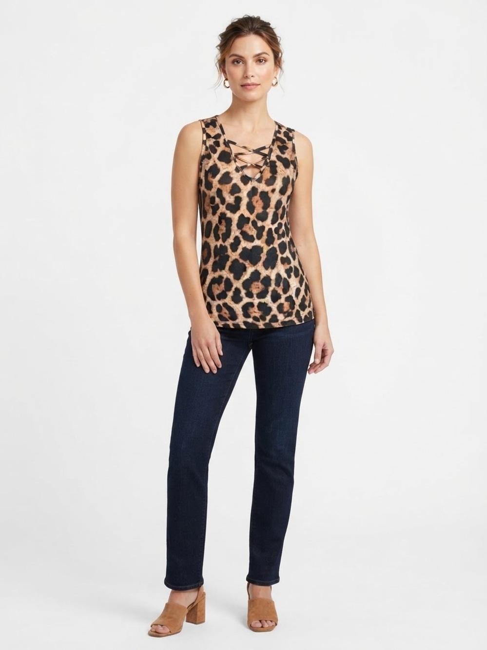 Leopard Print Ribbed Tank Top Large Crisscross V Neck Sleeveless Stretch
